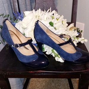 Blue t-strap pumps